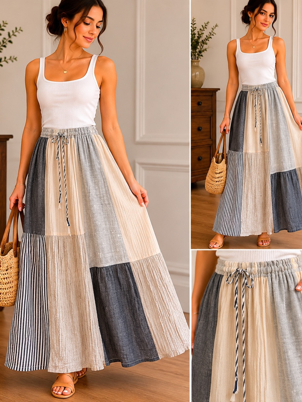 Colorblock Tiered Maxi Skirt — Cream & Gray - Picture 1 of 8